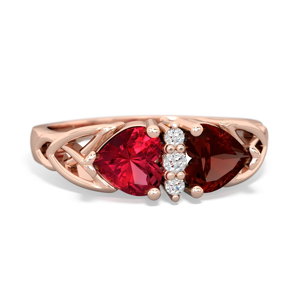 Lab Ruby Celtic Knot Double Heart 14K Rose Gold ring R5040