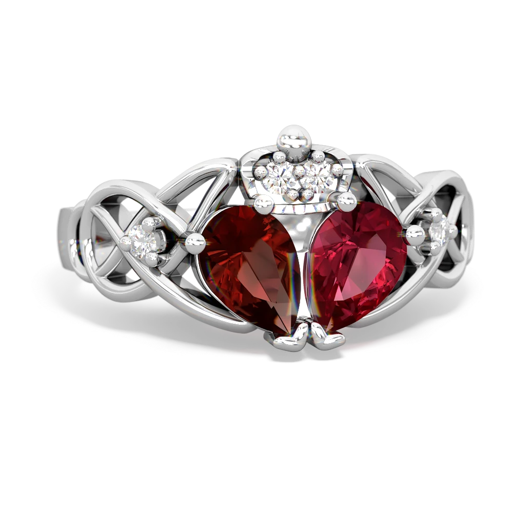 Lab Ruby 'One Heart' Celtic Knot Claddagh 14K White Gold ring R5322