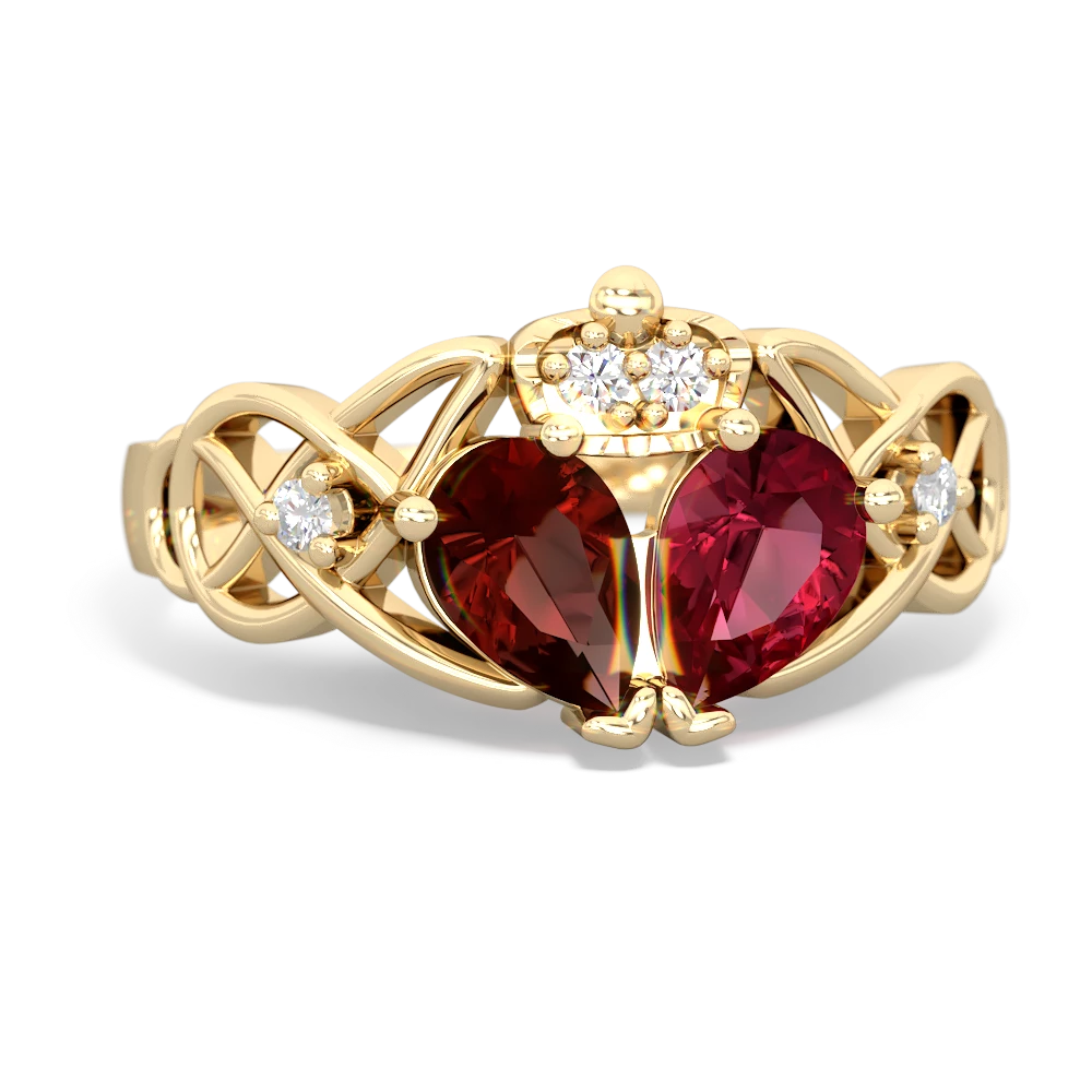 Lab Ruby 'One Heart' Celtic Knot Claddagh 14K Yellow Gold ring R5322