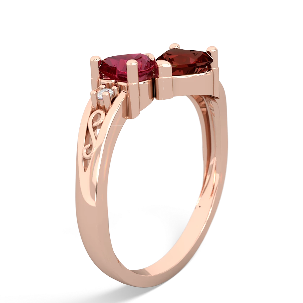 Lab Ruby Snuggling Hearts 14K Rose Gold ring R2178