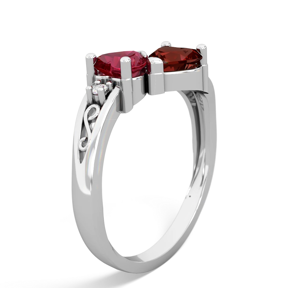 Lab Ruby Snuggling Hearts 14K White Gold ring R2178