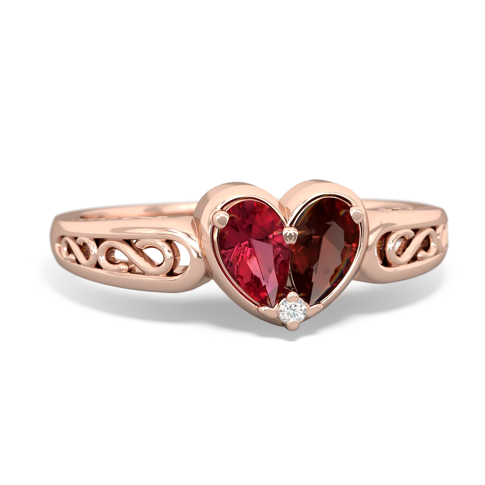 Lab Ruby Filligree 'One Heart' 14K Rose Gold ring R5070