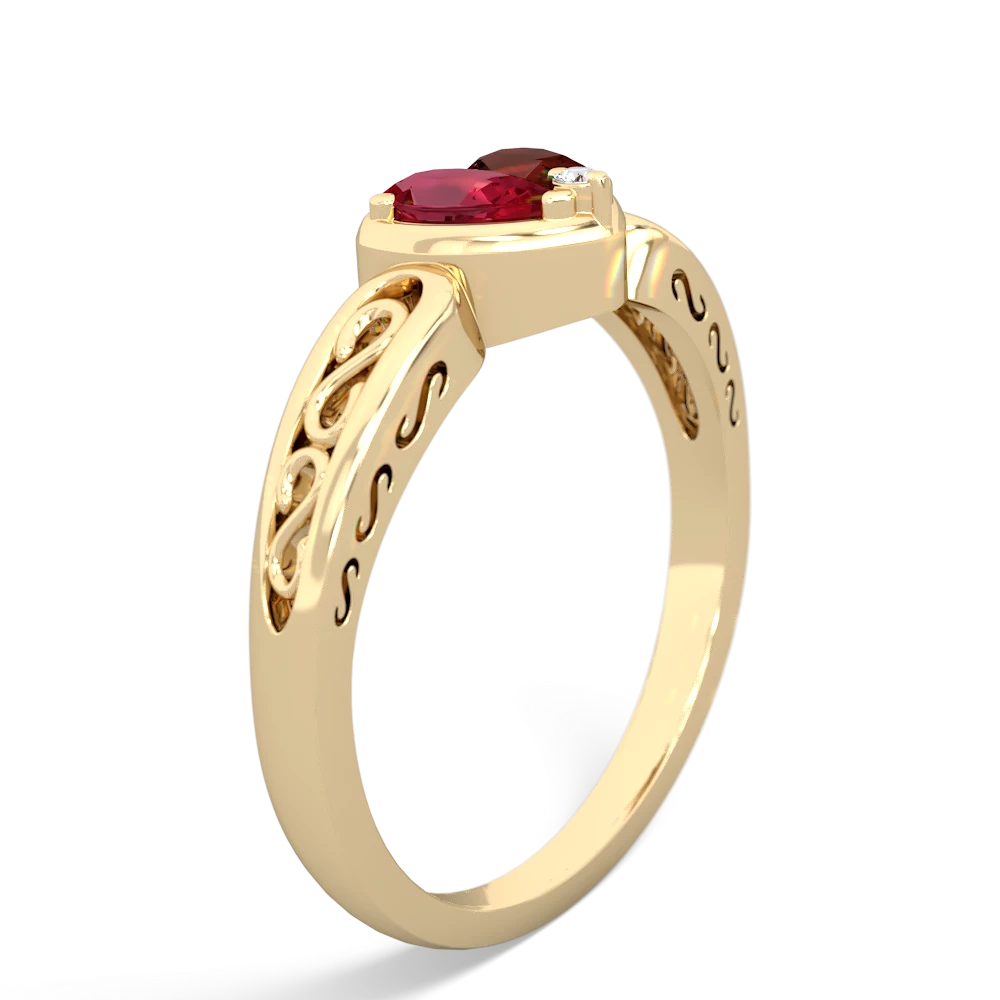 Lab Ruby Filligree 'One Heart' 14K Yellow Gold ring R5070