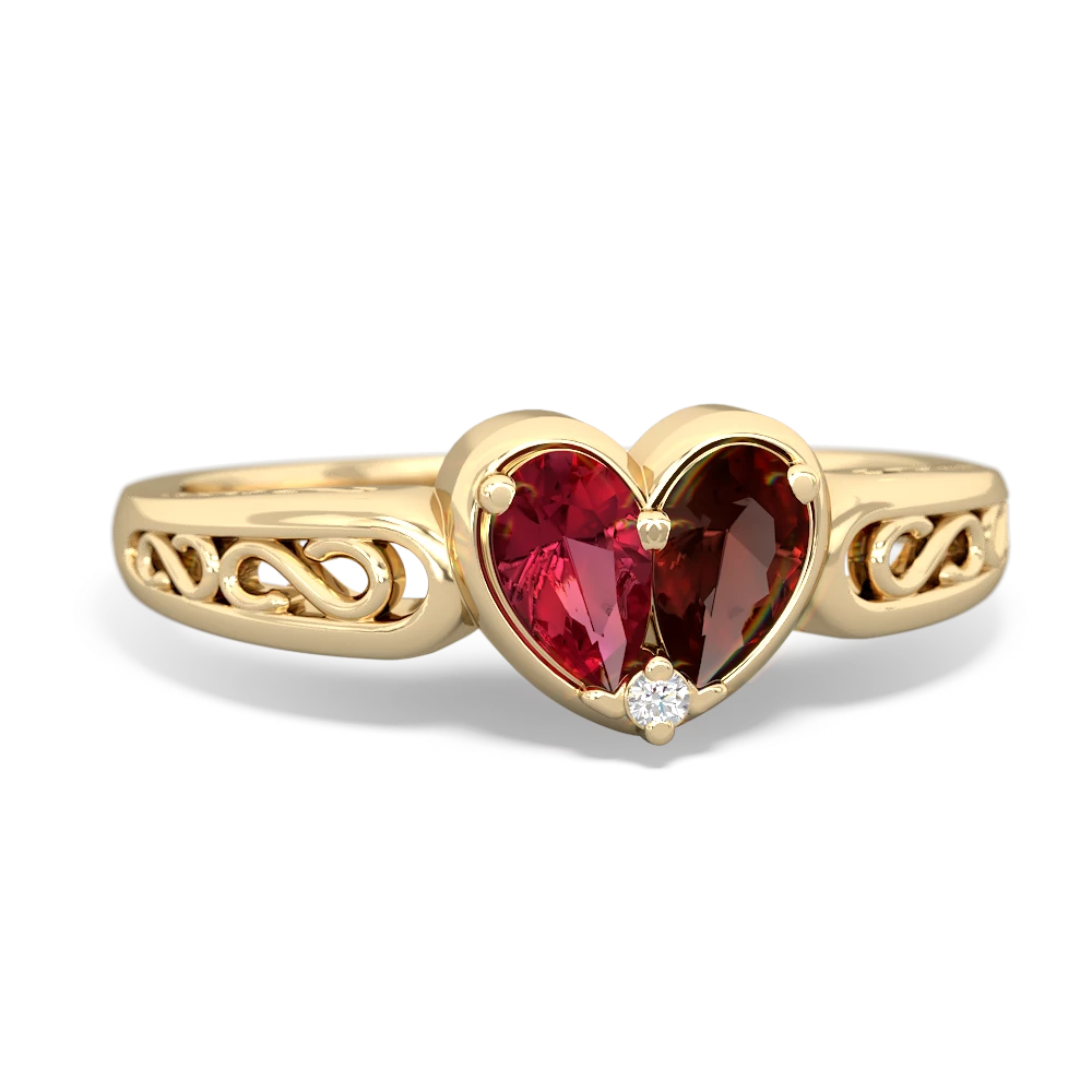 Lab Ruby Filligree 'One Heart' 14K Yellow Gold ring R5070