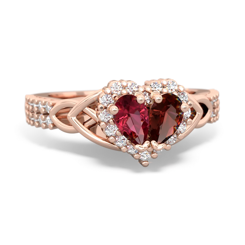 Lab Ruby Celtic Knot Two Hearts As One 14K Rose Gold ring R2644HRT