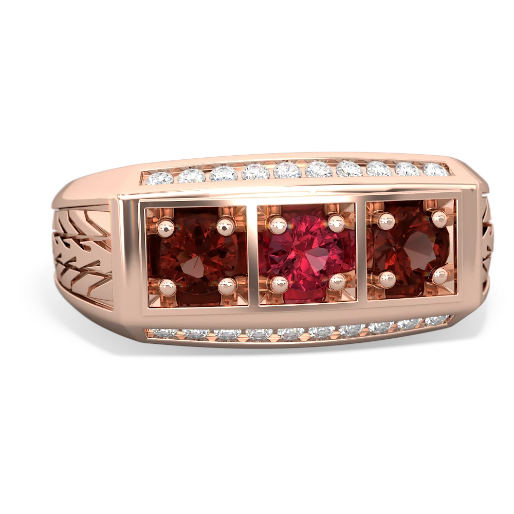 Lab Ruby Three Stone Tire Tread Men's 14K Rose Gold ring R0520