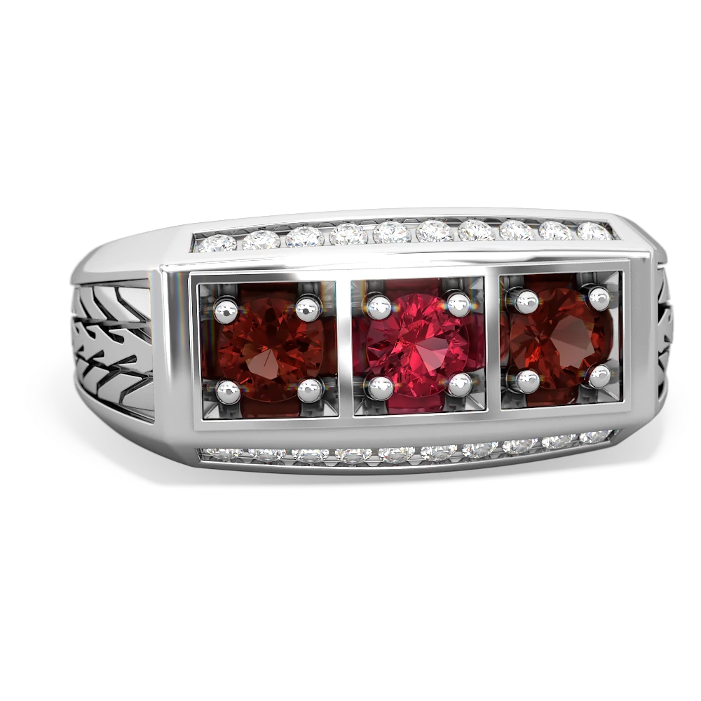 Lab Ruby Three Stone Tire Tread Men's 14K White Gold ring R0520