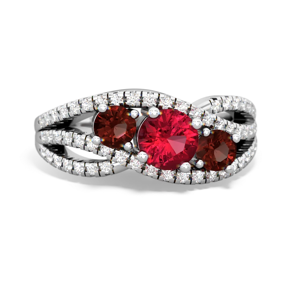 Lab Ruby Three Stone Aurora 14K White Gold ring R3080