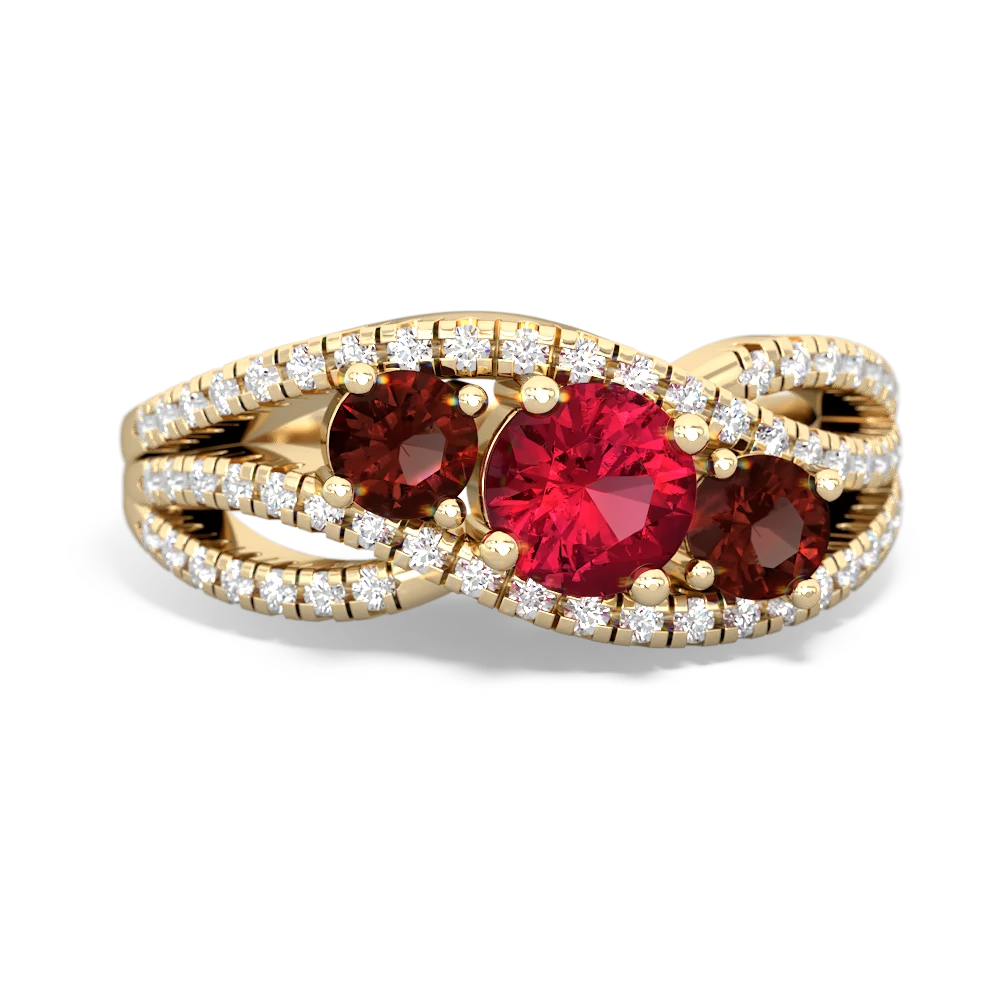 Lab Ruby Three Stone Aurora 14K Yellow Gold ring R3080