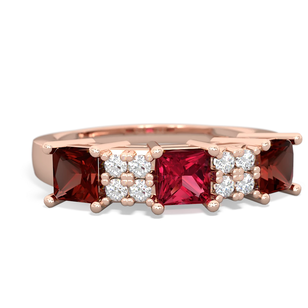 Lab Ruby Three Stone Diamond Cluster 14K Rose Gold ring R2592