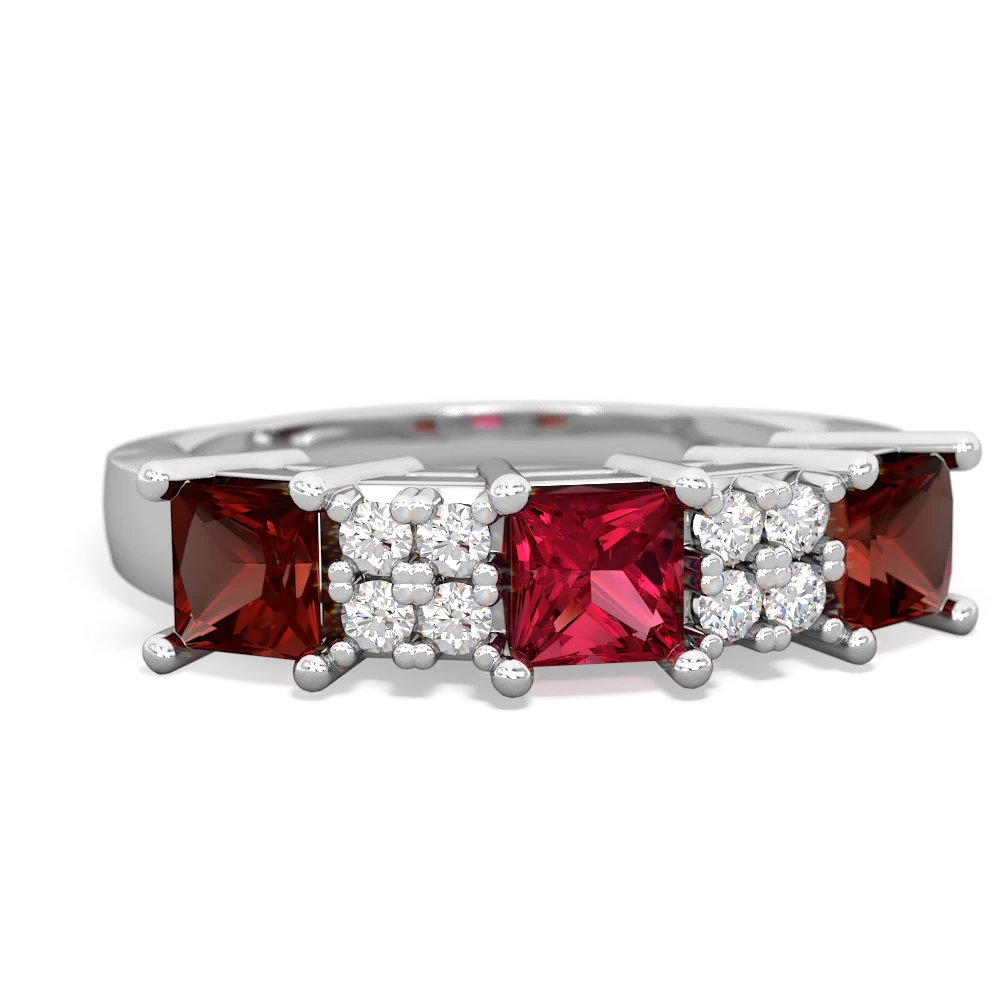 Lab Ruby Three Stone Diamond Cluster 14K White Gold ring R2592