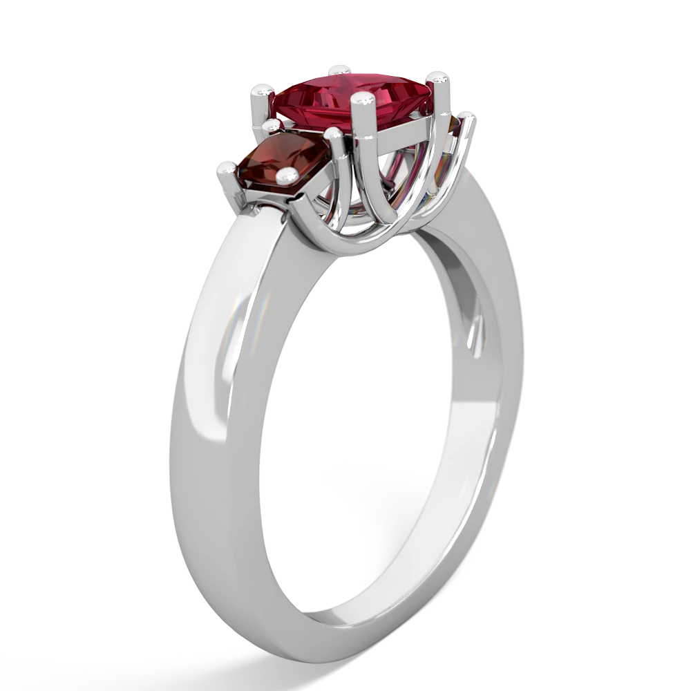 Lab Ruby Three Stone Trellis 14K White Gold ring R4015