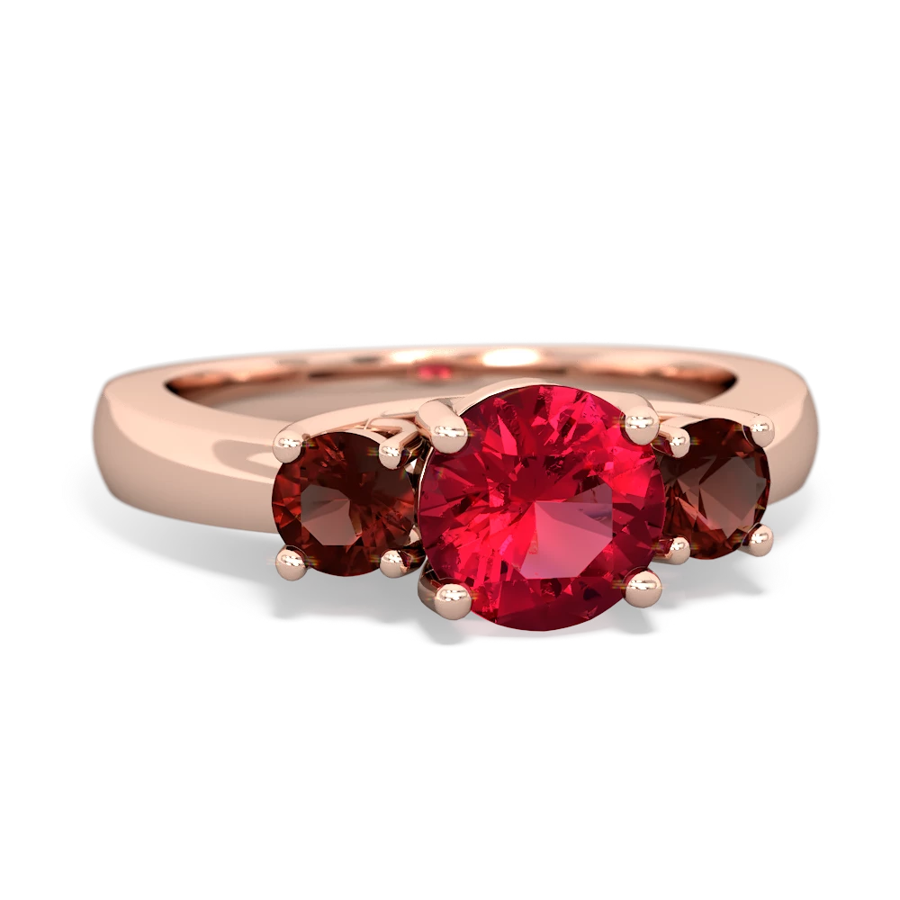 Lab Ruby Three Stone Round Trellis 14K Rose Gold ring R4018