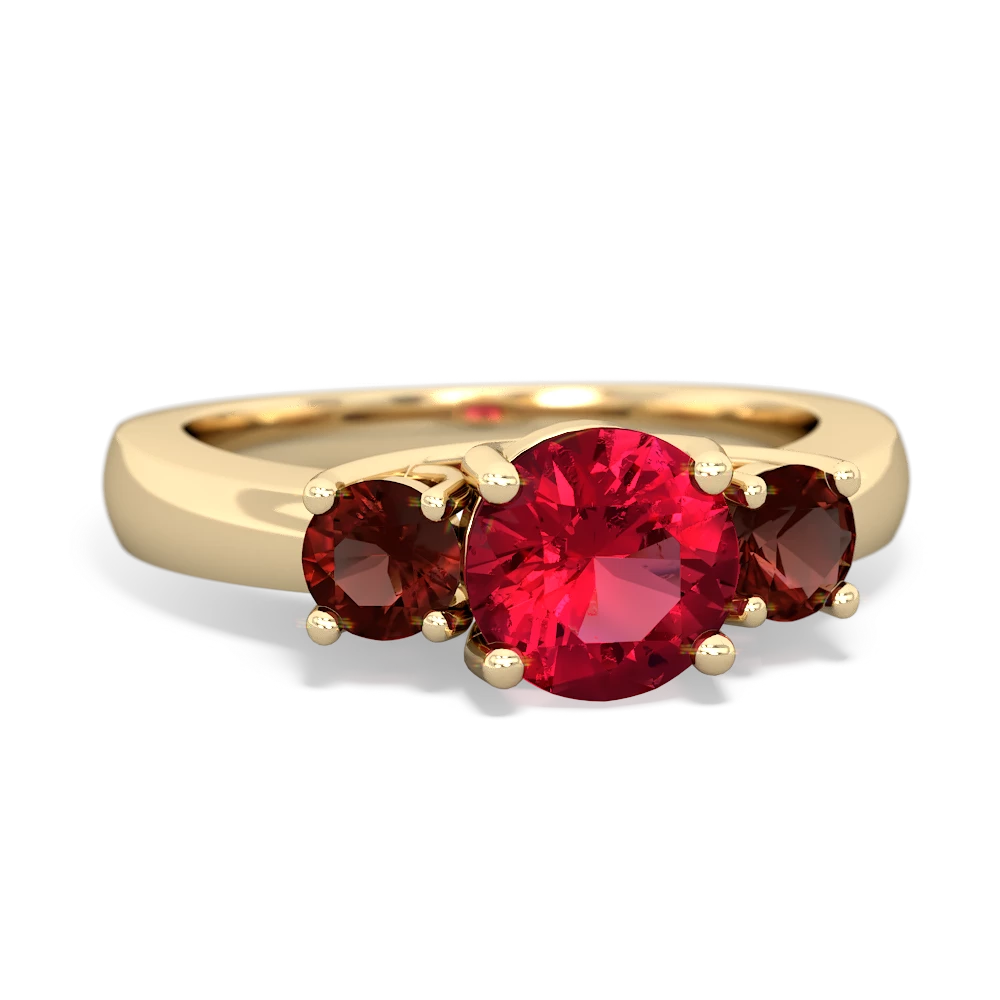 Lab Ruby Three Stone Round Trellis 14K Yellow Gold ring R4018