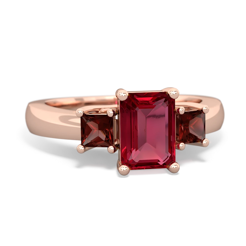 Lab Ruby Three Stone Emerald-Cut Trellis 14K Rose Gold ring R4021