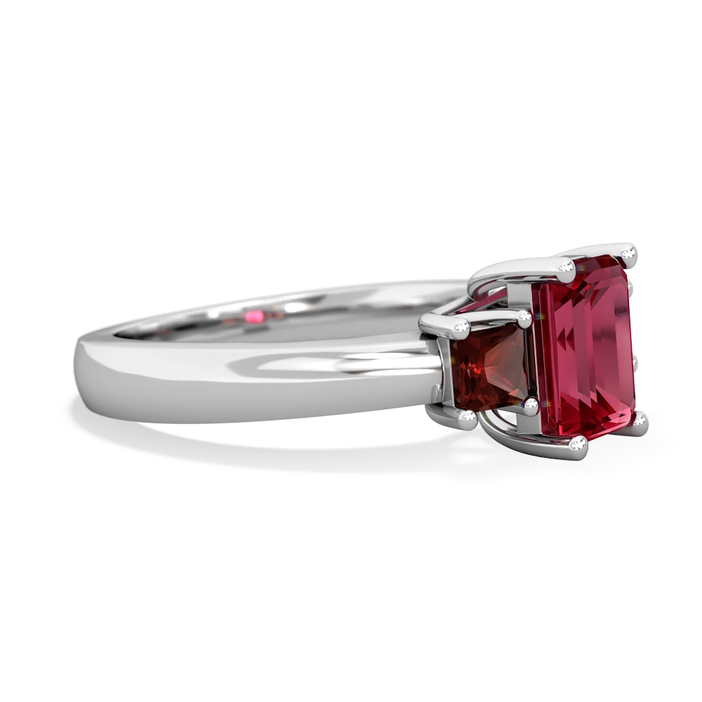 Lab Ruby Three Stone Emerald-Cut Trellis 14K White Gold ring R4021