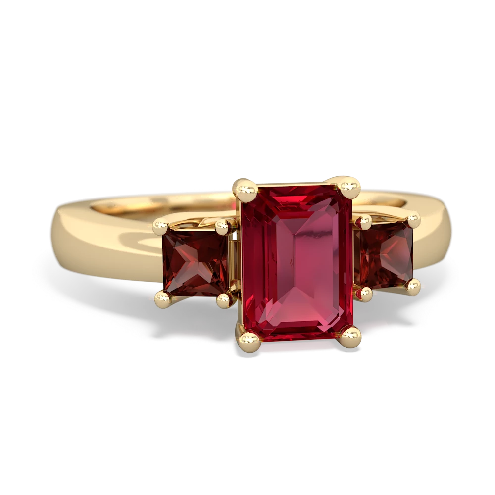 Lab Ruby Three Stone Emerald-Cut Trellis 14K Yellow Gold ring R4021