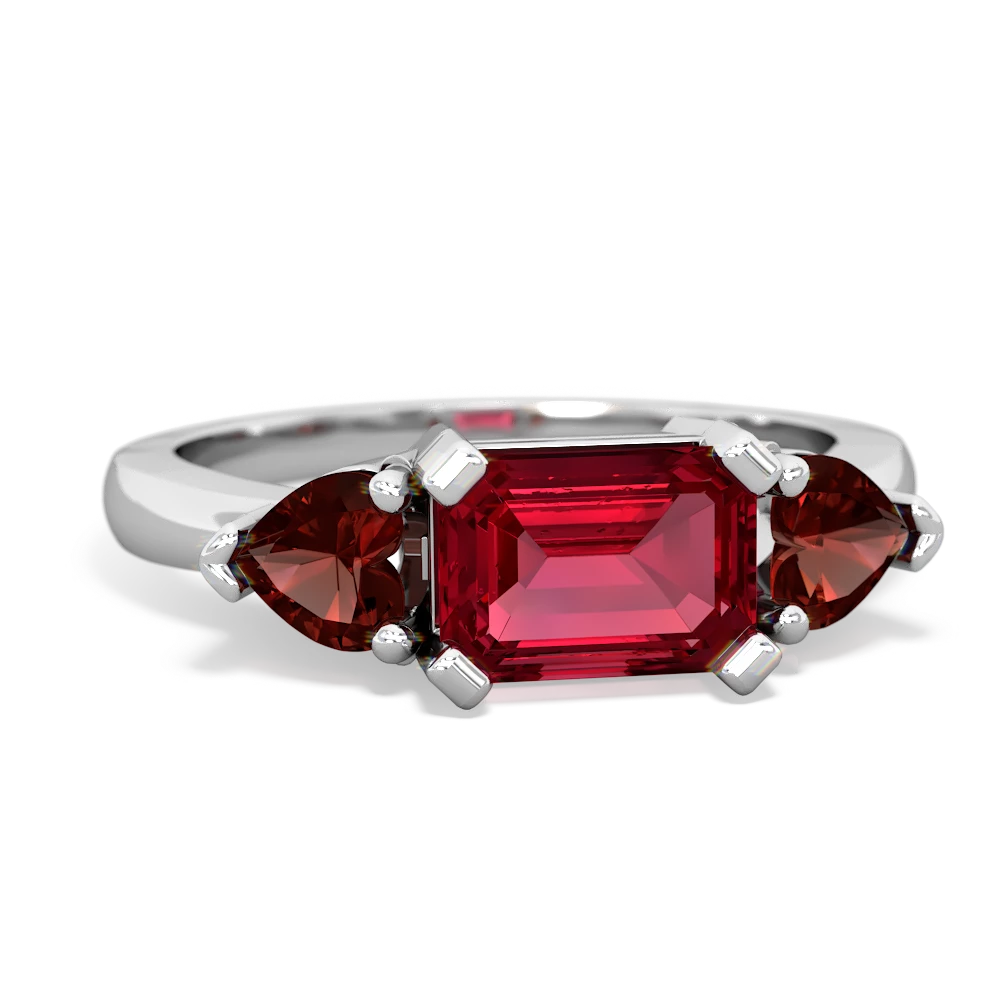 Lab Ruby Three Stone 14K White Gold ring R5235