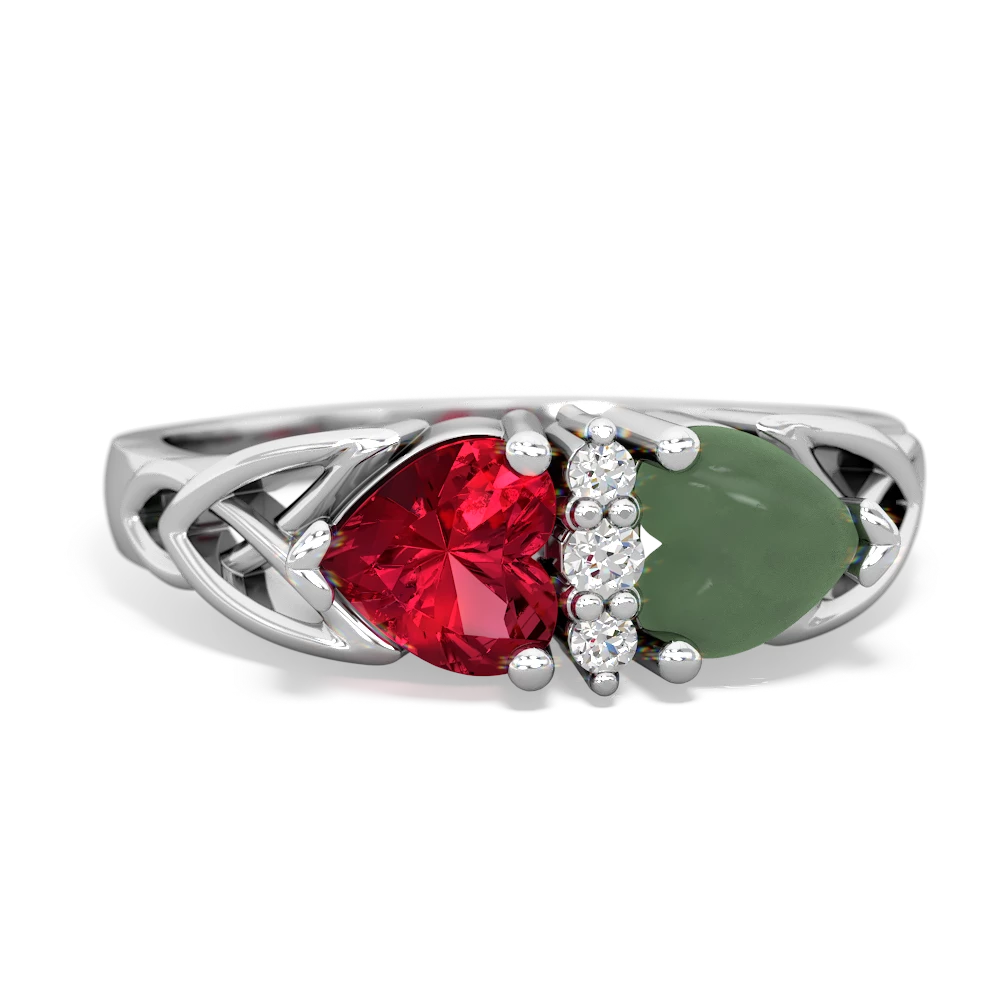 Lab Ruby Celtic Knot Double Heart 14K White Gold ring R5040