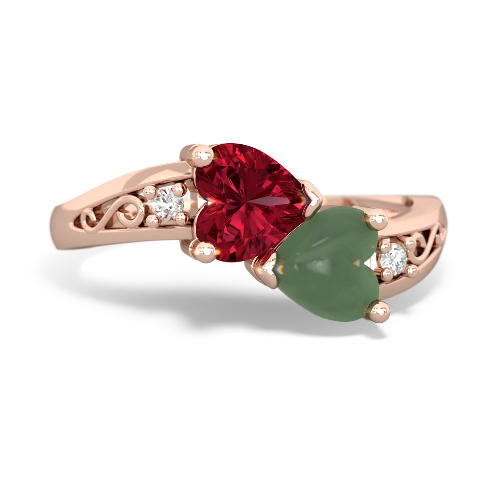 Lab Ruby Snuggling Hearts 14K Rose Gold ring R2178