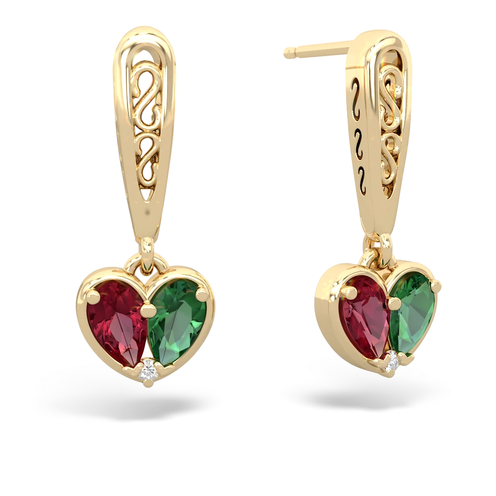 Lab Ruby Filligree Heart 14K Yellow Gold earrings E5070