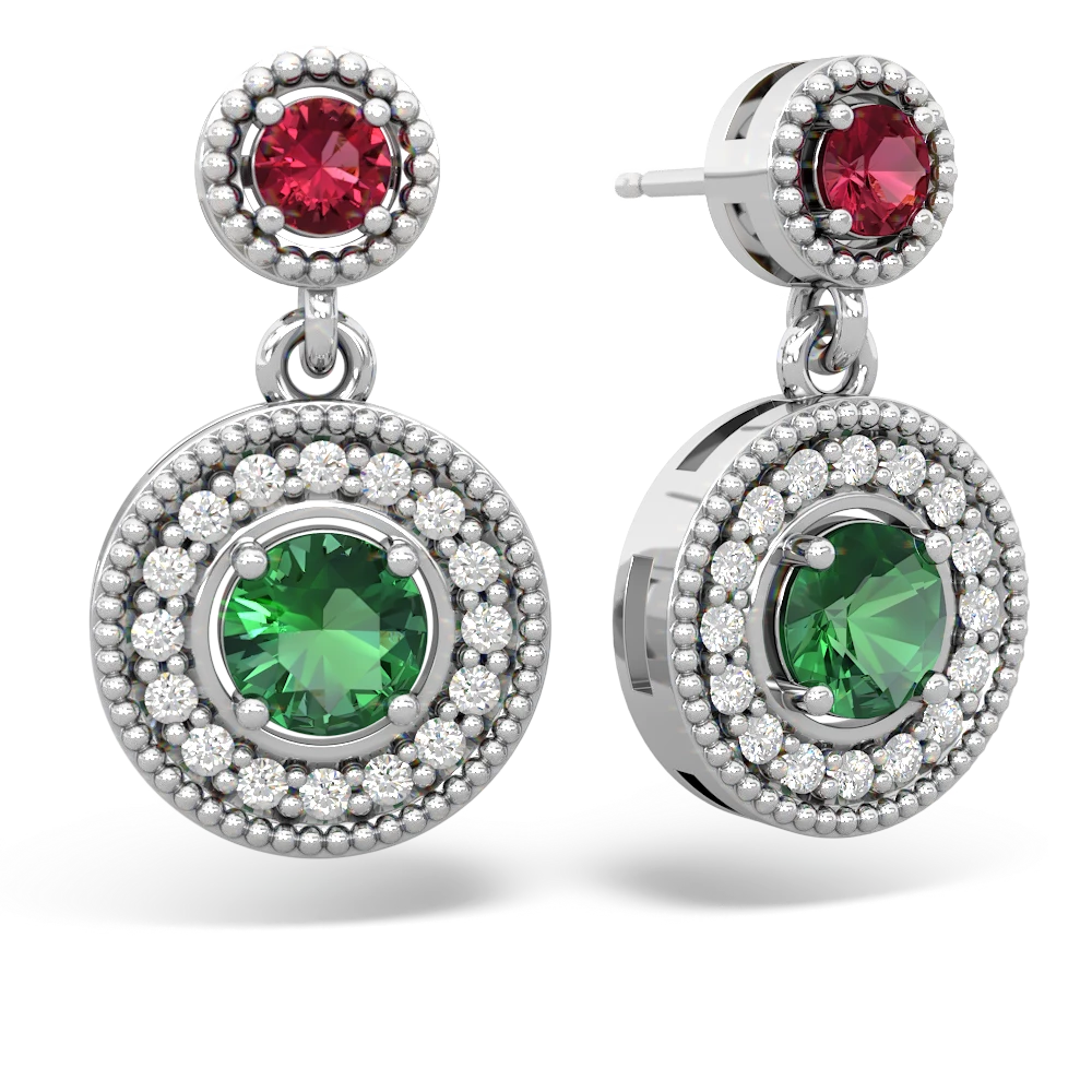 Lab Ruby Halo Dangle 14K White Gold earrings E5319