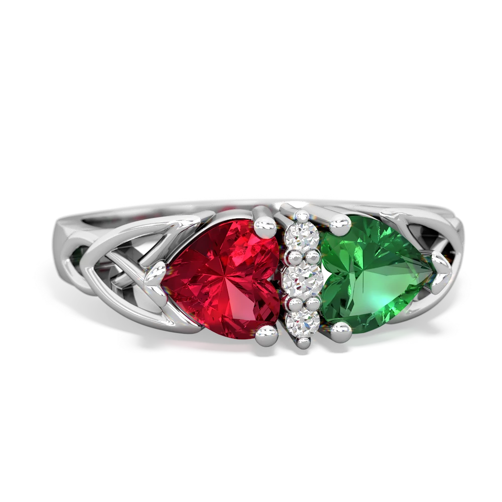 Lab Ruby Celtic Knot Double Heart 14K White Gold ring R5040