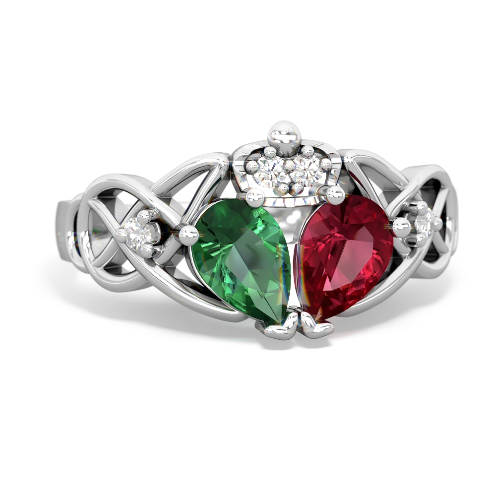 Lab Ruby 'One Heart' Celtic Knot Claddagh 14K White Gold ring R5322