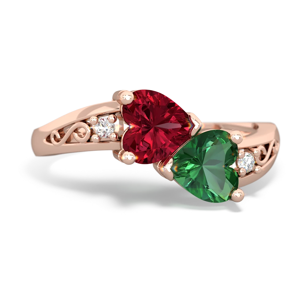 Lab Ruby Snuggling Hearts 14K Rose Gold ring R2178