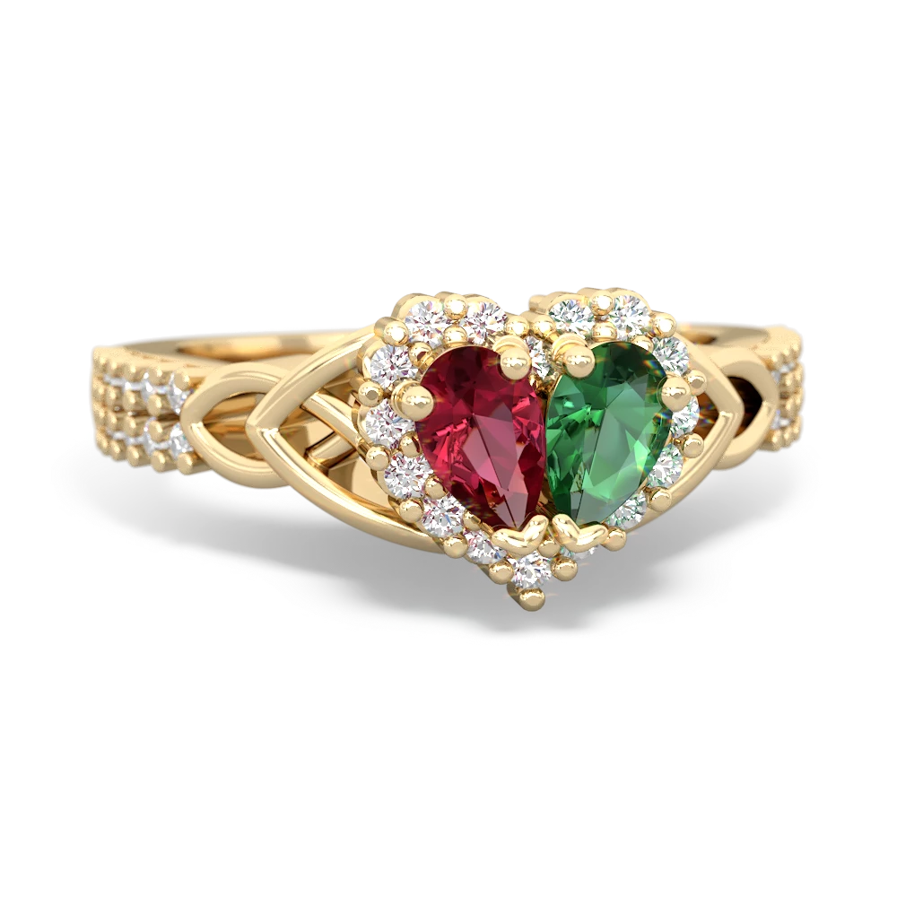 Lab Ruby Celtic Knot Two Hearts As One 14K Yellow Gold ring R2644HRT