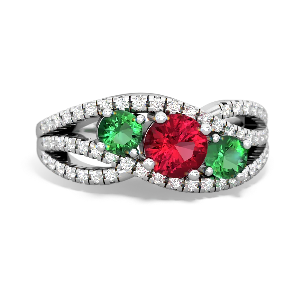 Lab Ruby Three Stone Aurora 14K White Gold ring R3080