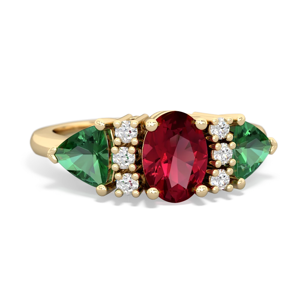 Lab Ruby Antique Style Three Stone 14K Yellow Gold ring R2186