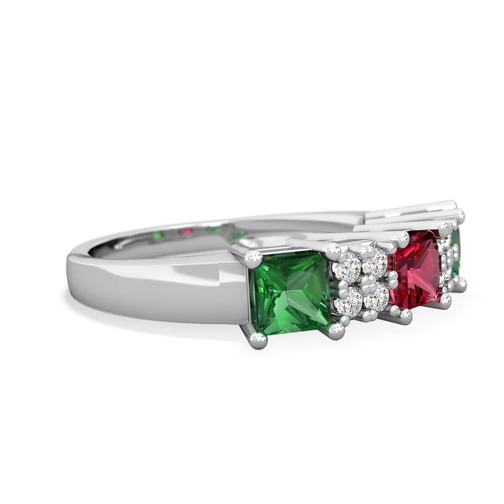 Lab Ruby Three Stone Diamond Cluster 14K White Gold ring R2592