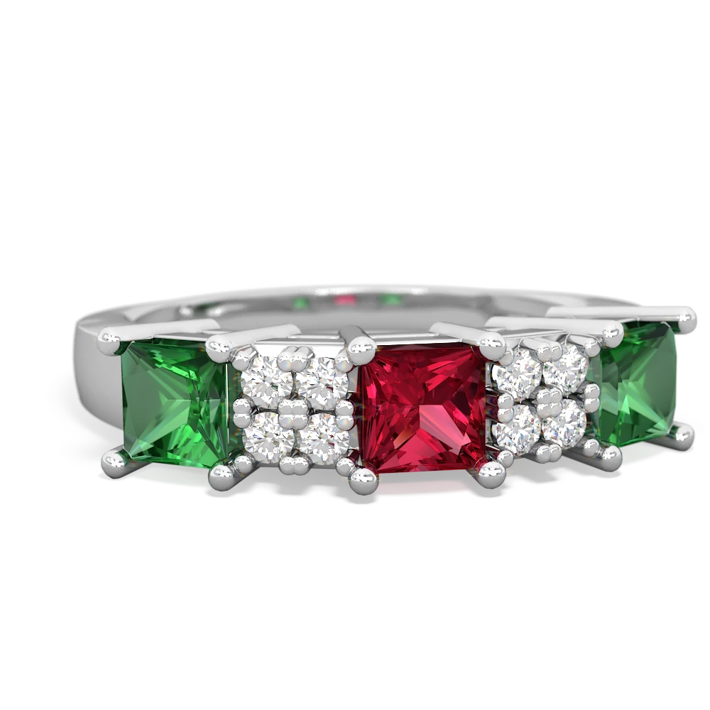 Lab Ruby Three Stone Diamond Cluster 14K White Gold ring R2592