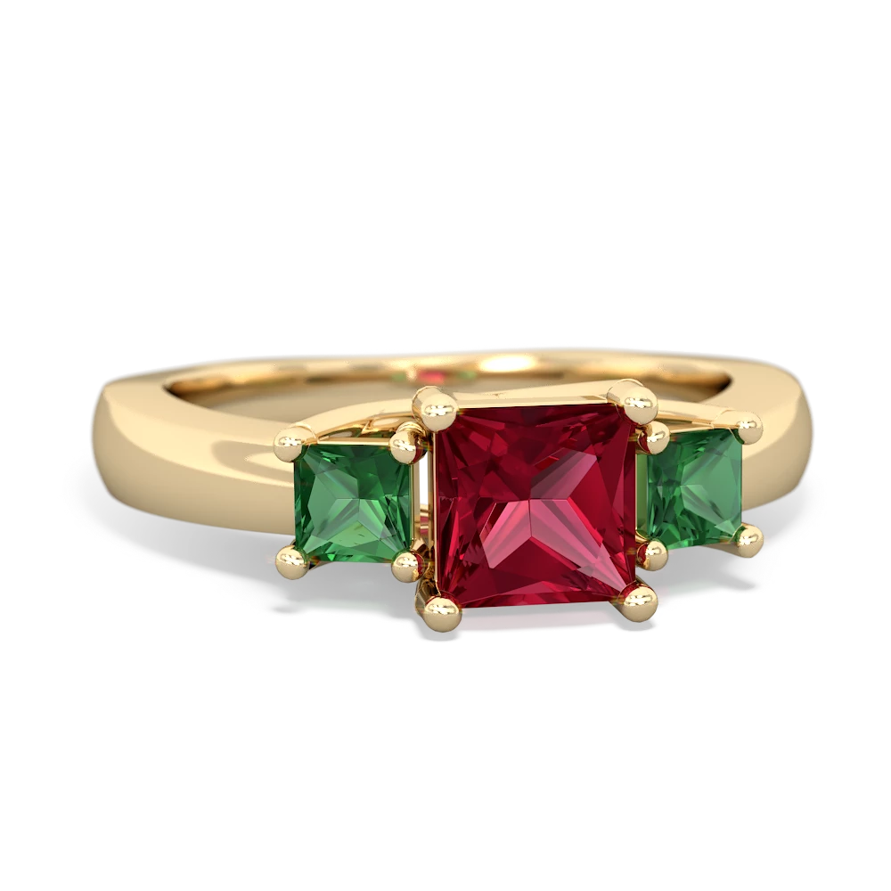 Lab Ruby Three Stone Trellis 14K Yellow Gold ring R4015