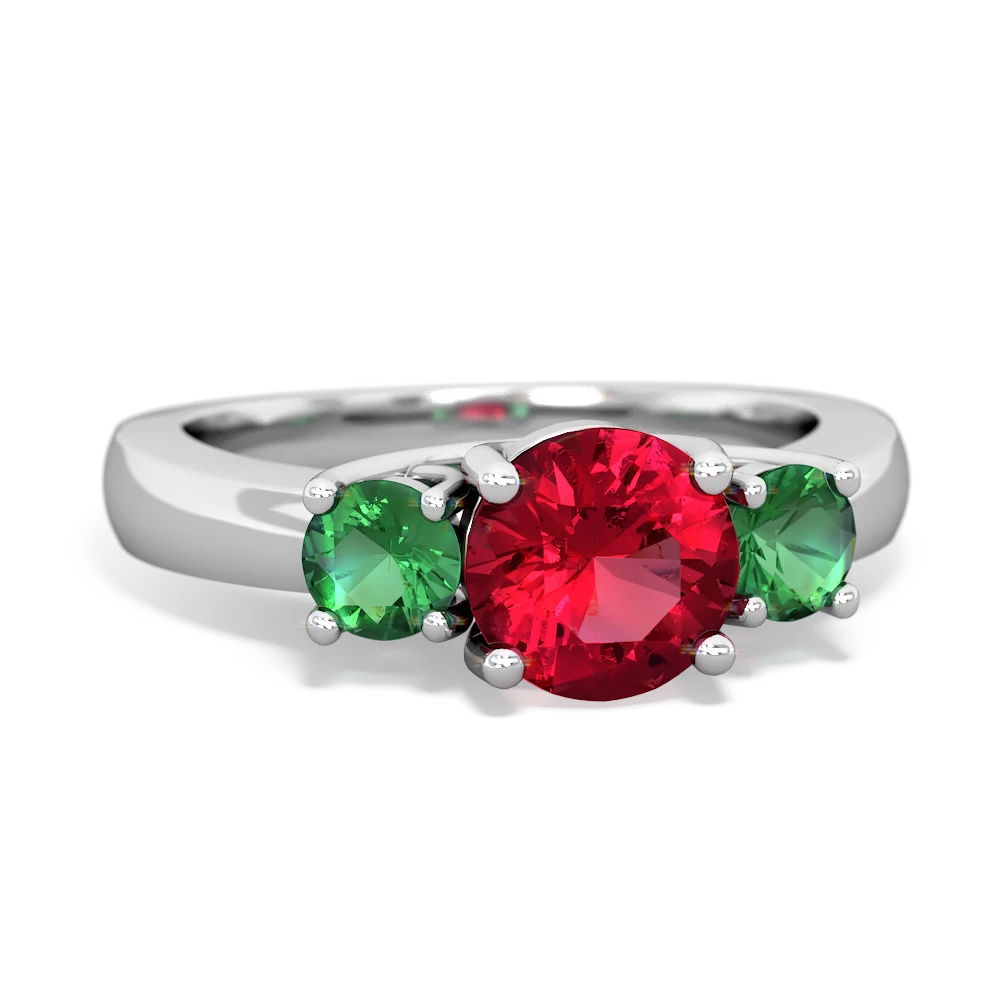 Lab Ruby Three Stone Round Trellis 14K White Gold ring R4018