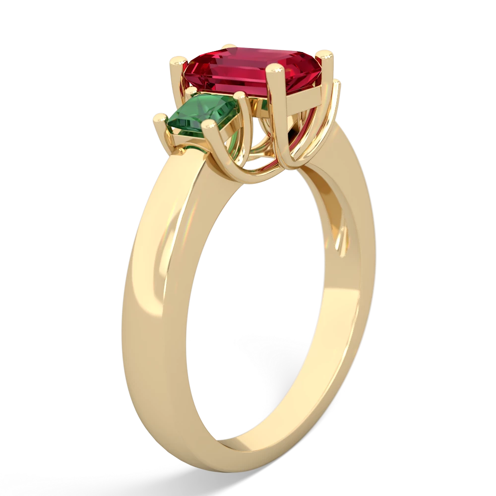 Lab Ruby Three Stone Emerald-Cut Trellis 14K Yellow Gold ring R4021