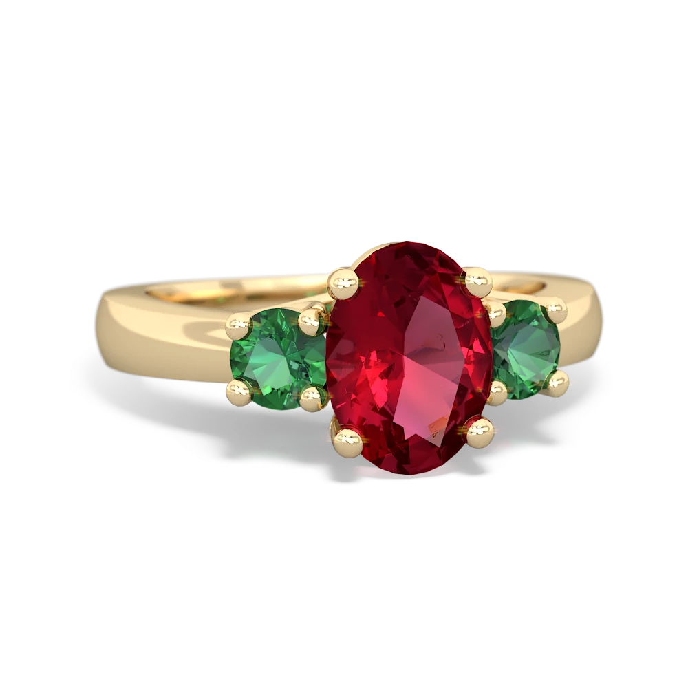 Lab Ruby Three Stone Oval Trellis 14K Yellow Gold ring R4024