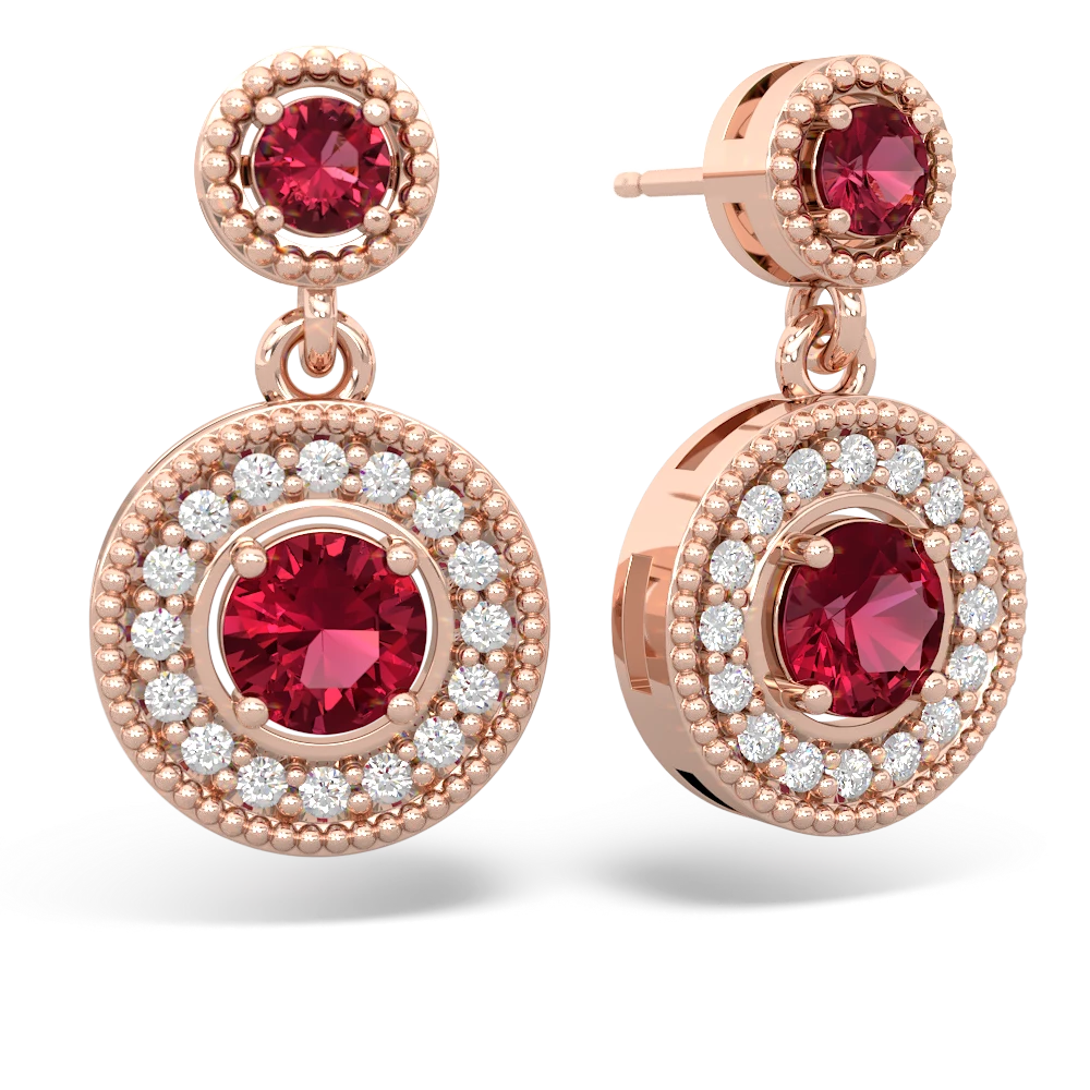 Lab Ruby Halo Dangle 14K Rose Gold earrings E5319