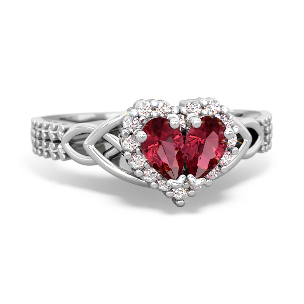 Lab Ruby Celtic Knot Two Hearts As One 14K White Gold ring R2644HRT