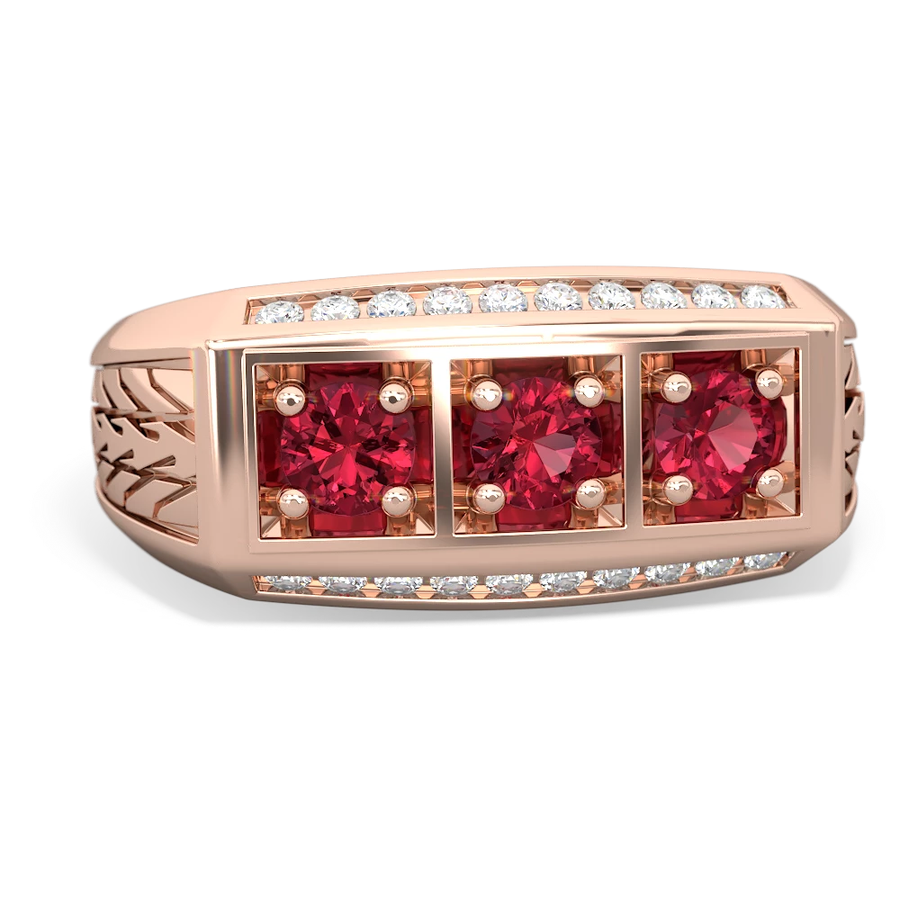 Lab Ruby Three Stone Tire Tread Men's 14K Rose Gold ring R0520