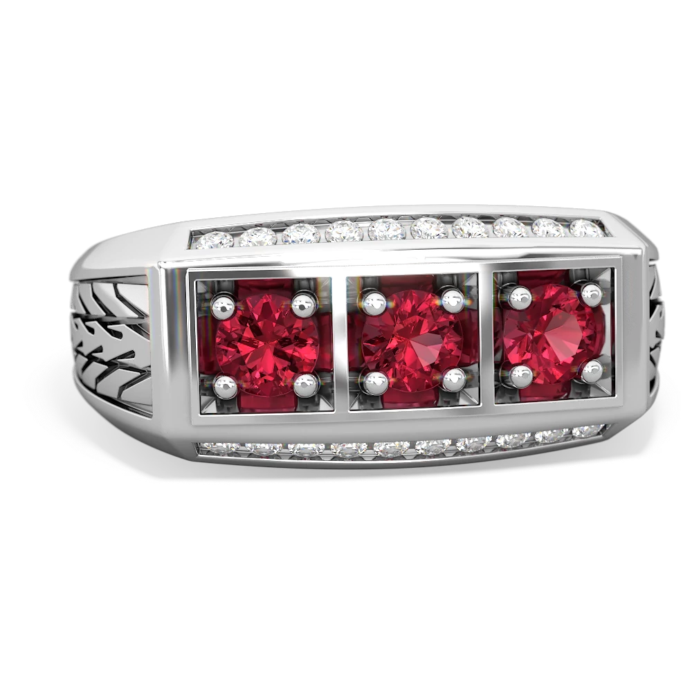 Ruby Three Stone Tire Tread Men's 14K White Gold ring R0520