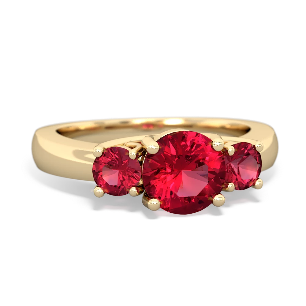 Lab Pink Sapphire Three Stone Round Trellis 14K Yellow Gold ring R4018