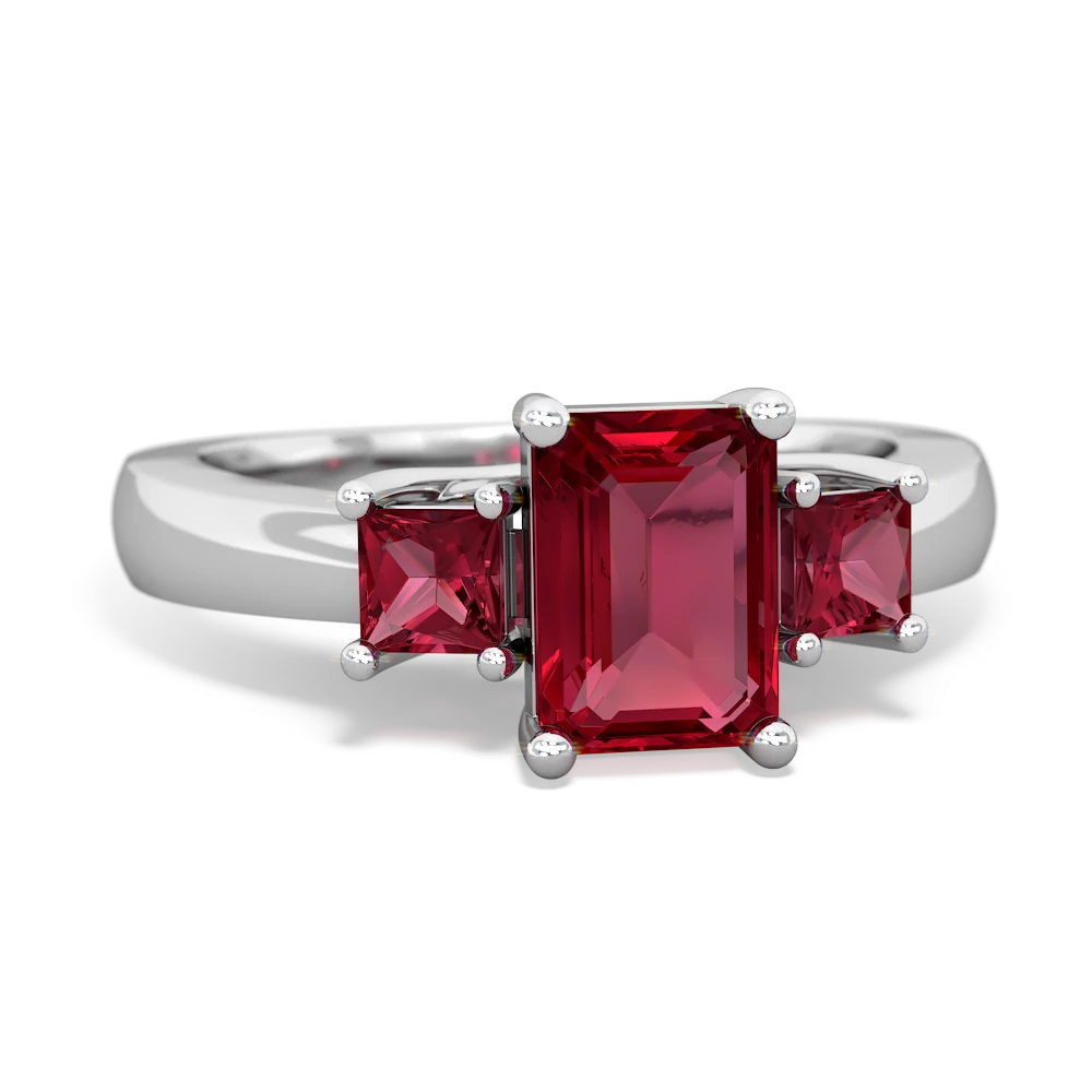 Ruby Three Stone Emerald-Cut Trellis 14K White Gold ring R4021