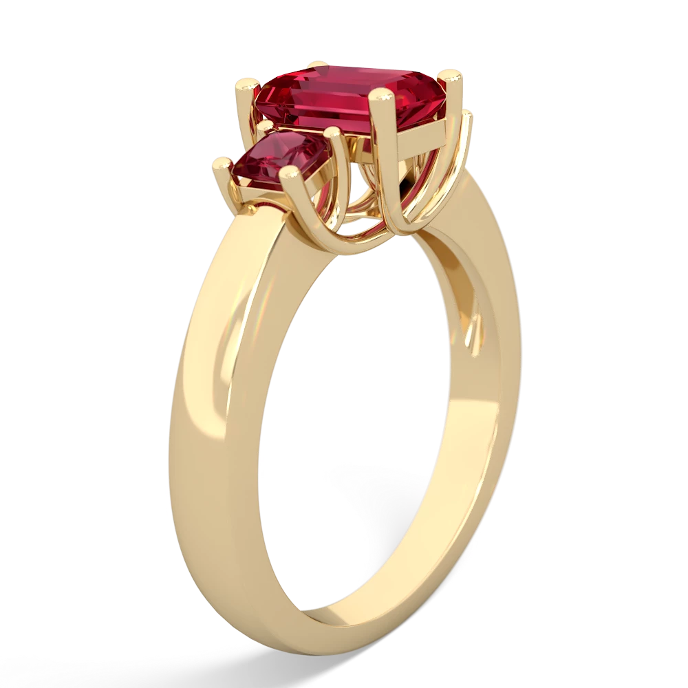 Lab Pink Sapphire Three Stone Emerald-Cut Trellis 14K Yellow Gold ring R4021