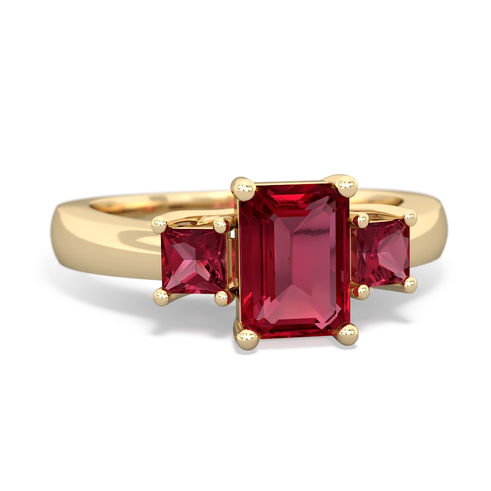 Garnet Three Stone Emerald-Cut Trellis 14K Yellow Gold ring R4021