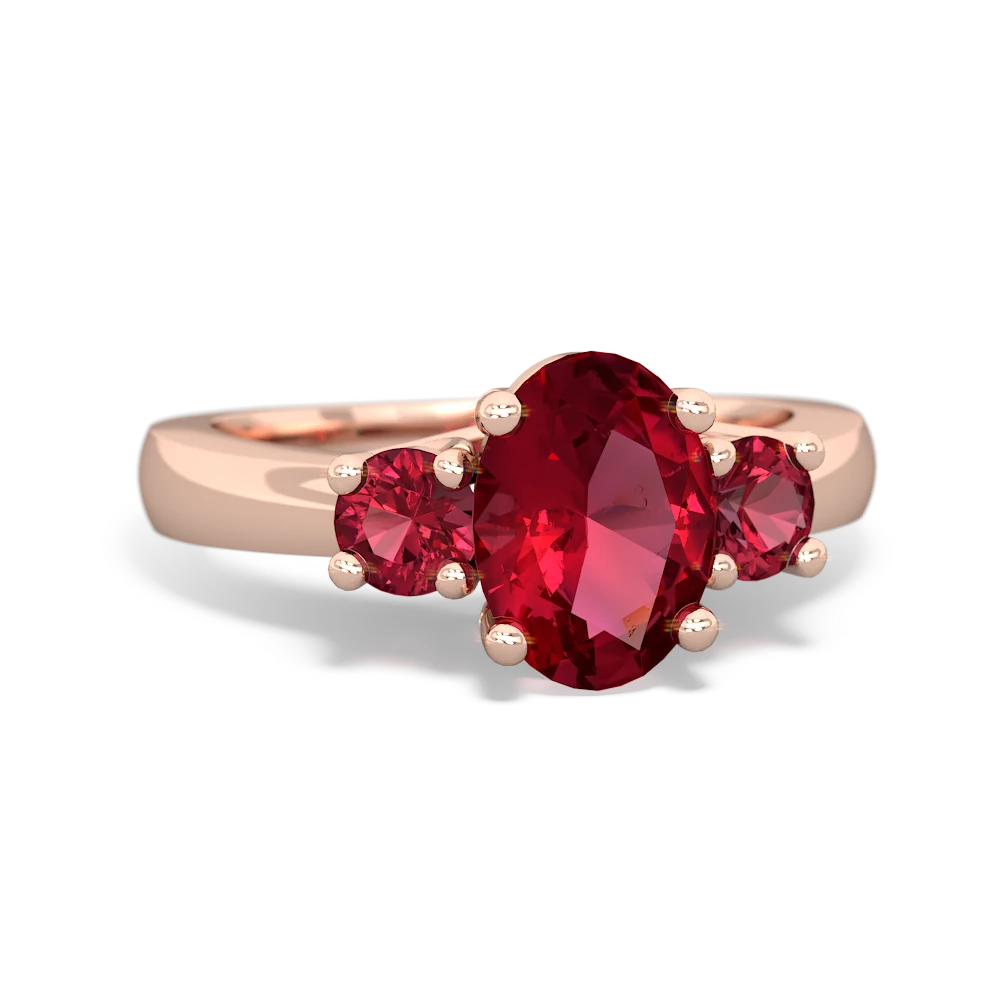 Lab Ruby Three Stone Oval Trellis 14K Rose Gold ring R4024