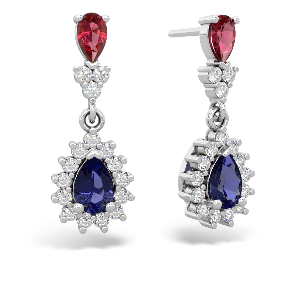 Lab Ruby Halo Pear Dangle 14K White Gold earrings E1882