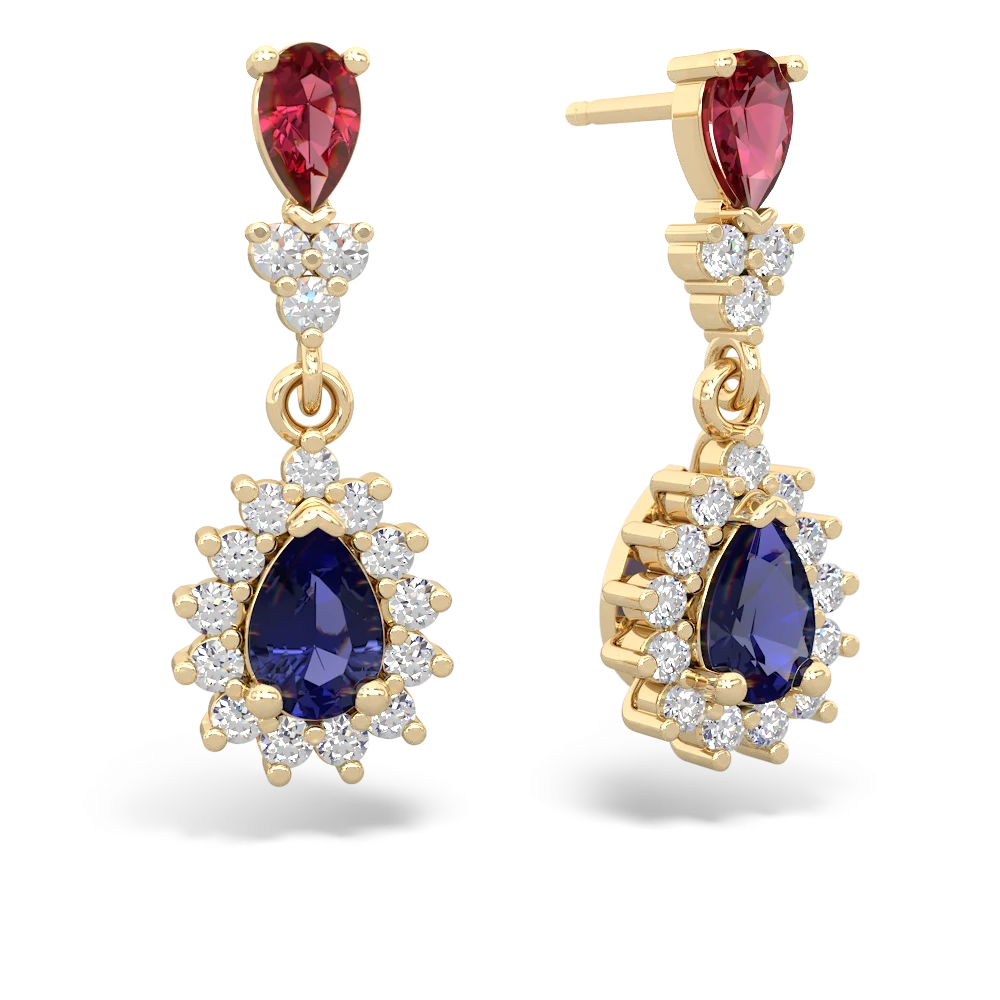 Lab Ruby Halo Pear Dangle 14K Yellow Gold earrings E1882