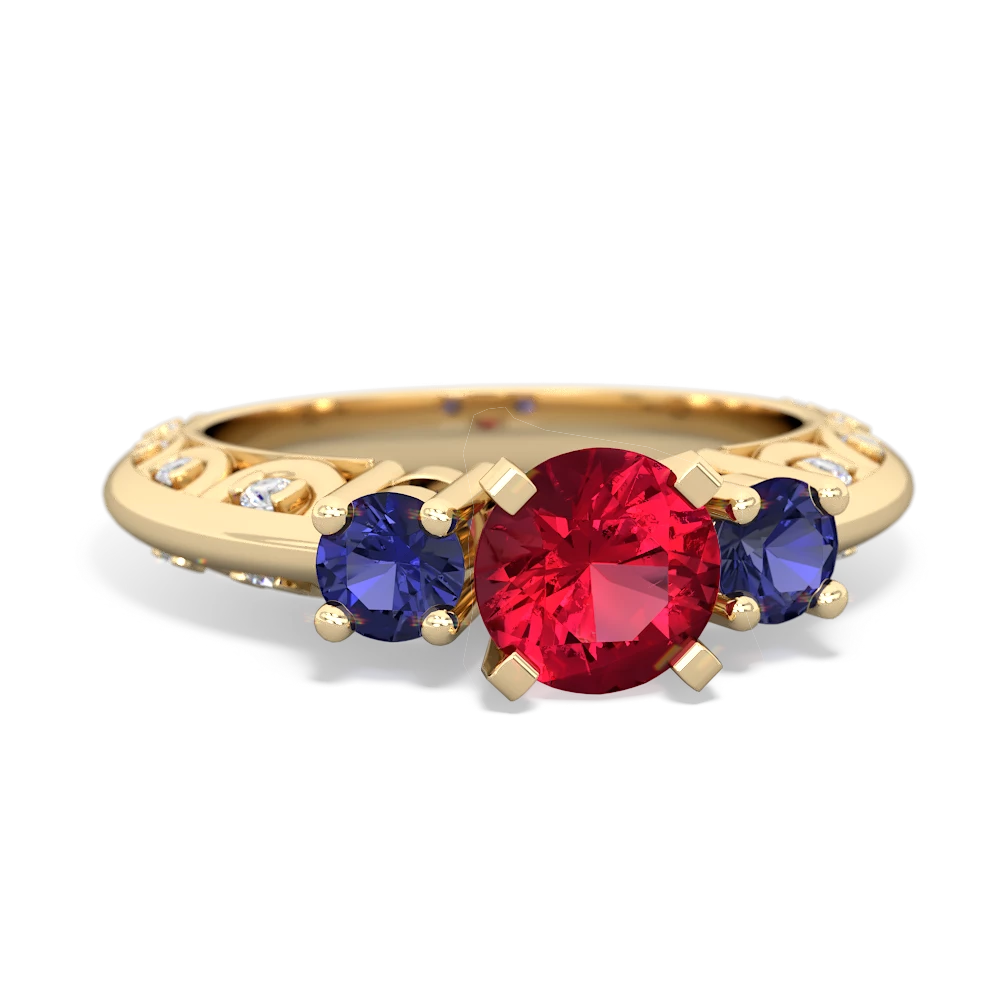 Lab Ruby Art Deco Eternal Embrace Engagement 14K Yellow Gold ring C2003